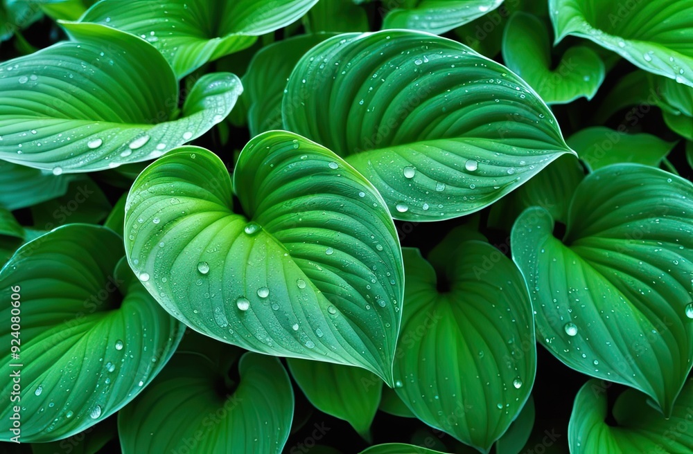 Obraz premium A close-up view of vibrant green leaves adorned with delicate dew drops.