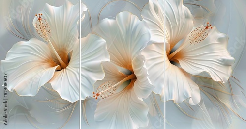 3D wall mural, white hibiscus flowers on a light blue background, three panels