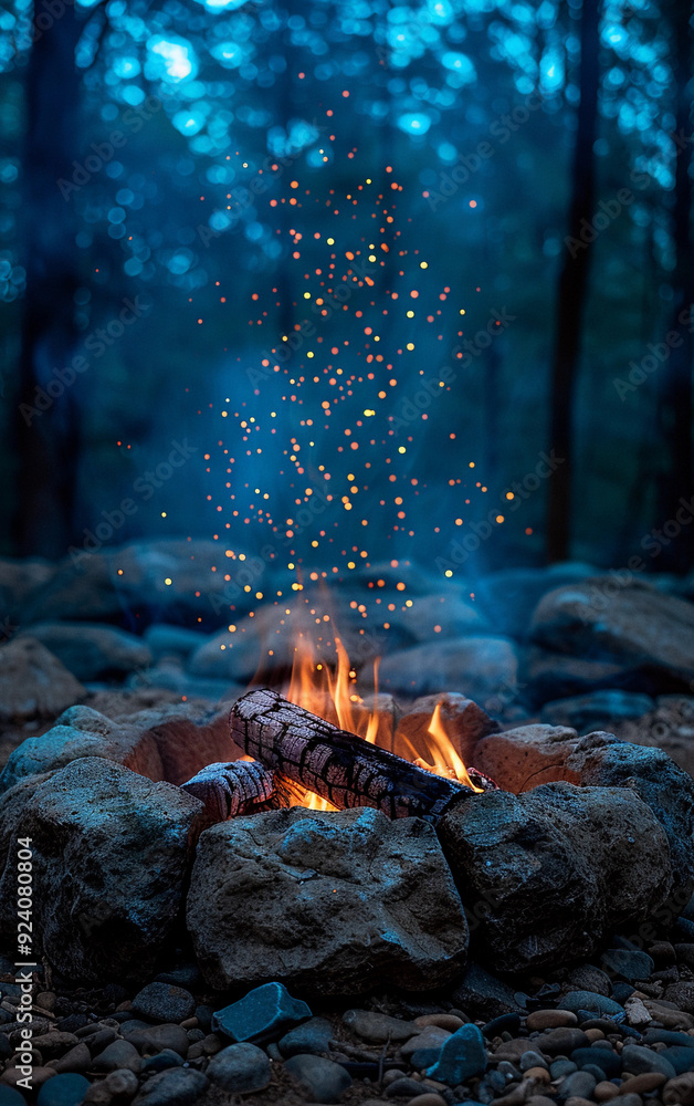 Naklejka premium A fire is burning in a small pit surrounded by rocks. The scene is peaceful and serene, with the fire providing warmth and light in the darkness
