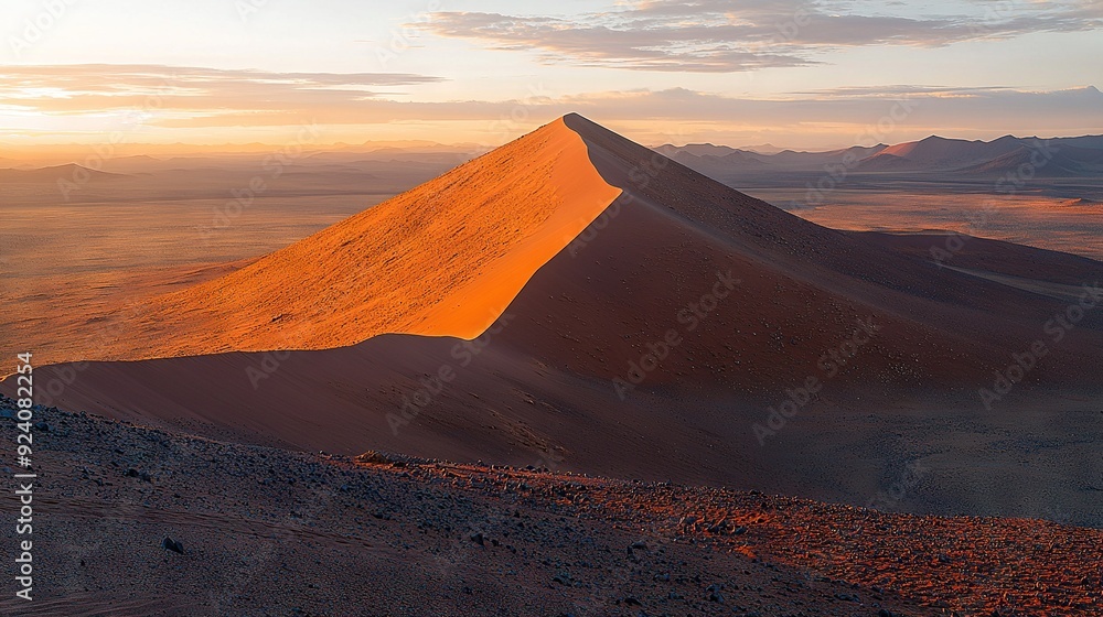 Naklejka premium A towering sand dune stands in the heart of a vast desert landscape, framed by a majestic mountain in the distance and an overcast sky above