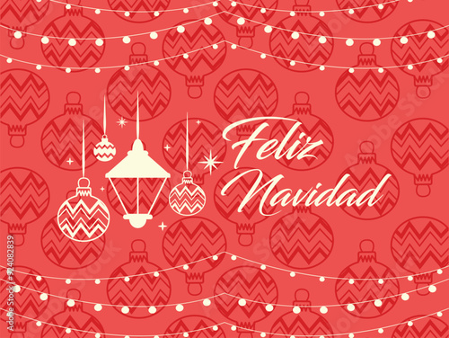 Tarjeta de feliz navidad  wallpaper con esferas y luces en fondo rojo