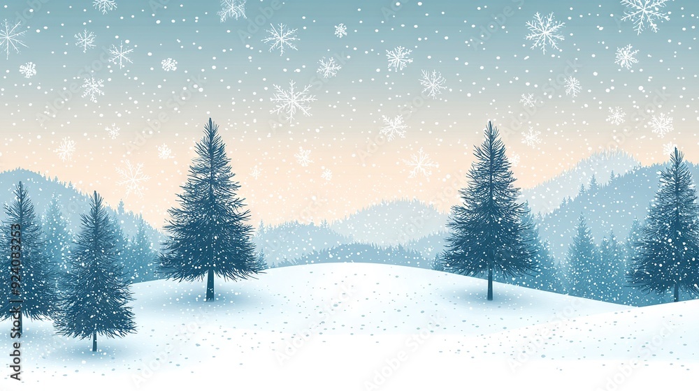 A snowy landscape featuring trees in the foreground and snowflakes atop them in the foreground A snowy landscape featuring trees in the foreground and snowflakes atop them in the foreground