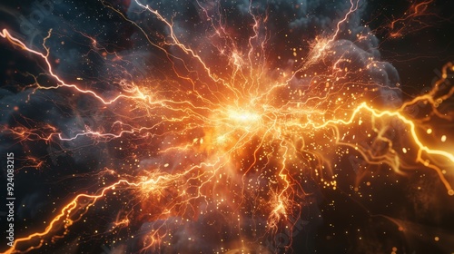 Vivid realistic photo of intense electrical discharges filling frame with bright, crackling energy