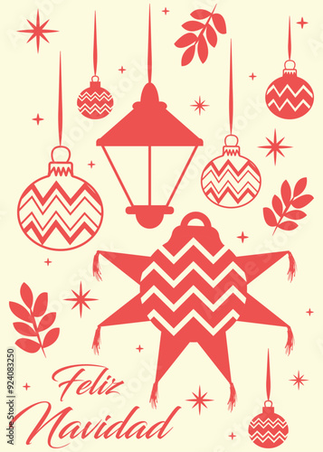 Tarjeta de feliz navidad, piñata de posada y esferas como decoración