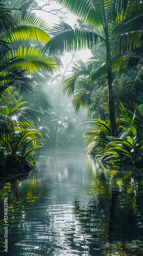 Fototapeta Naklejka Na Ścianę i Meble -  A lush green jungle with a river running through it. The water is calm and the sun is shining through the trees