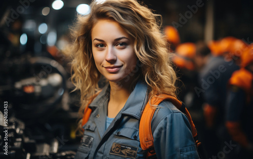 A woman in a blue uniform with a backpack is smiling. Scene is happy and positive