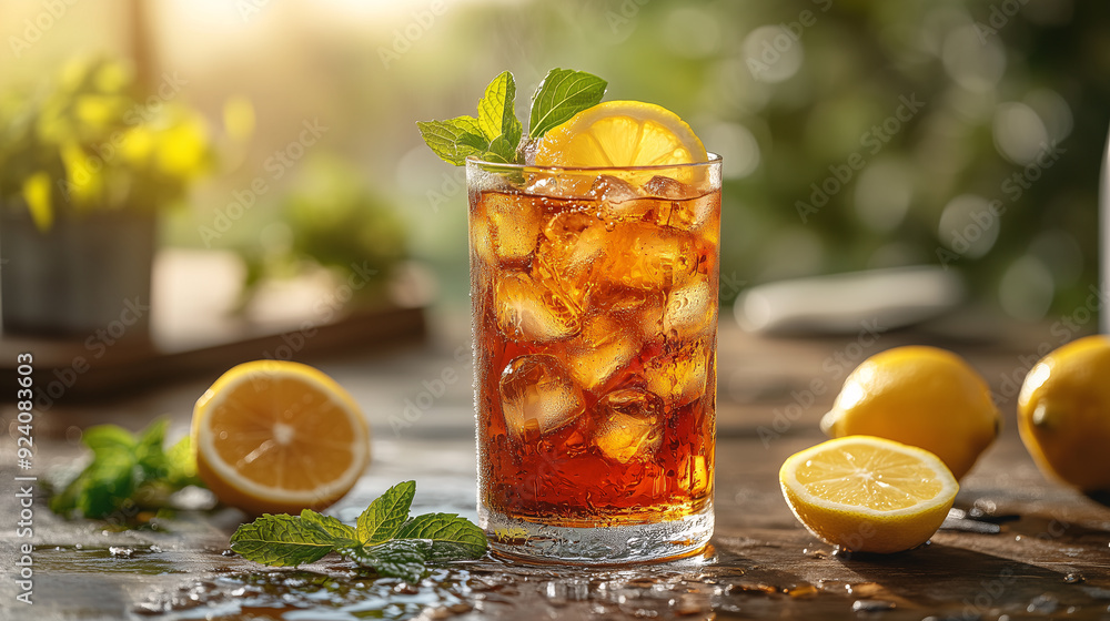 A glass of sweet lemon tea with ice cubes and mint leaves, surrounded by fresh lemons and sunlight A glass of sweet lemon tea with ice cubes and mint leaves, surrounded by fresh lemons and sunlight