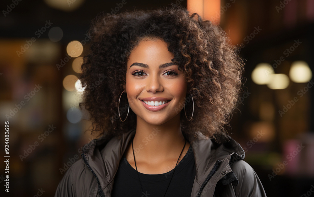 A woman with curly hair is smiling and wearing a black jacket. She is wearing a necklace and earrings A woman with curly hair is smiling and wearing a black jacket. She is wearing a necklace and earrings
