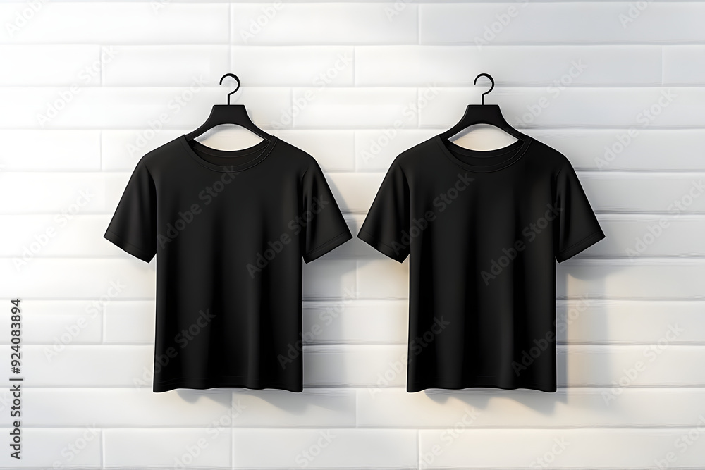 An image of two white walls with a black blank t-shirt hanging on them, ready for your design to be placed on them. An image of two white walls with a black blank t-shirt hanging on them, ready for your design to be placed on them.