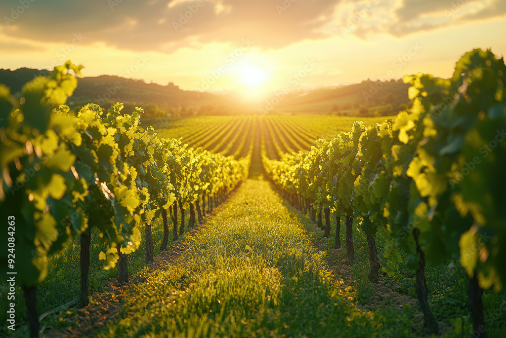 Naklejka premium Bright Vineyard with Green Grass