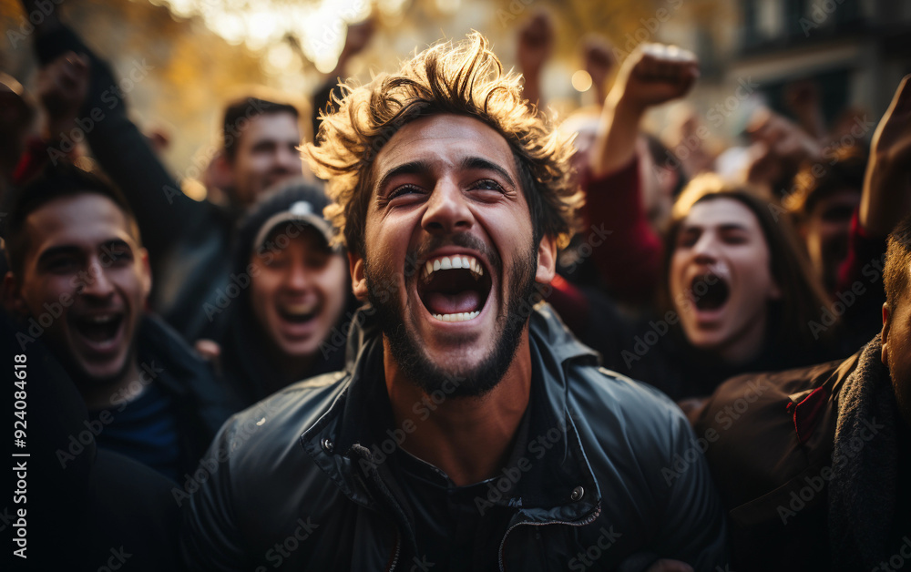 A man with a big smile on his face is surrounded by a crowd of people. The atmosphere is lively and energetic, with everyone enjoying the moment A man with a big smile on his face is surrounded by a crowd of people. The atmosphere is lively and energetic, with everyone enjoying the moment