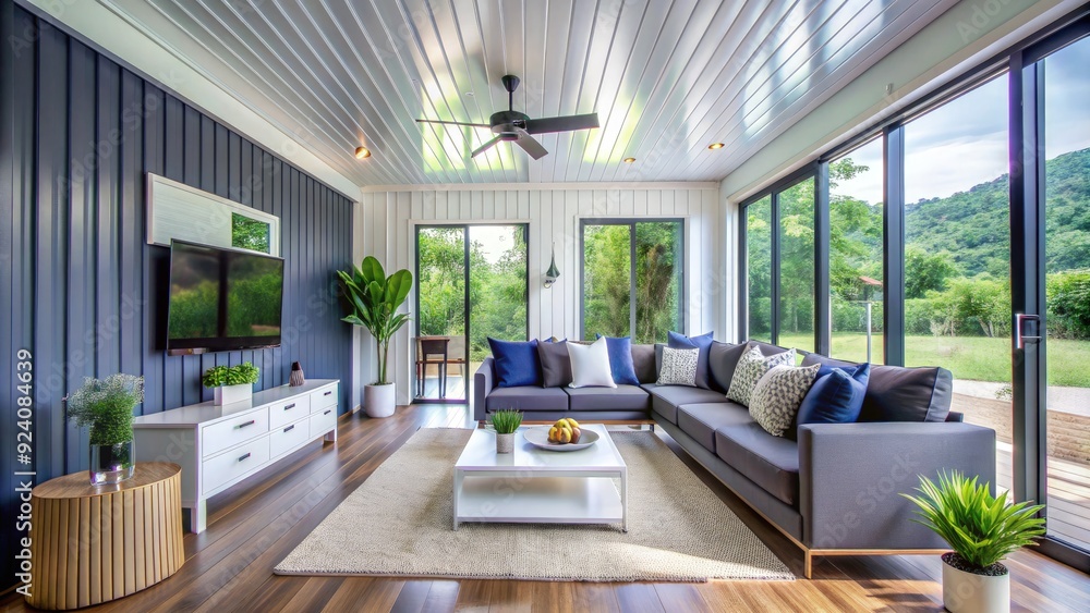 Modern container home living room with large windows and scenic views. Generative AI Modern container home living room with large windows and scenic views. Generative AI