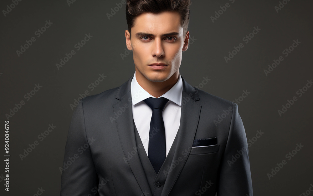 A man in a suit and tie poses for a photo. Concept of professionalism and formality, as the man is dressed in a suit and tie. The man's confident pose A man in a suit and tie poses for a photo. Concept of professionalism and formality, as the man is dressed in a suit and tie. The man's confident pose