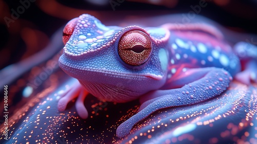  Chameleon with colorful neon retro wave background. synth wave frog. Illustrations design  photo