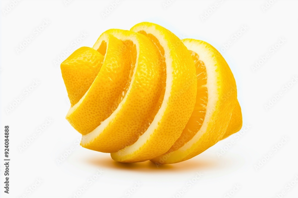 A creative and visually striking image of a lemon sliced in a spiral pattern, displayed against a clean white background. A creative and visually striking image of a lemon sliced in a spiral pattern, displayed against a clean white background.