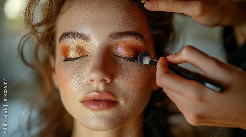 A 30-year-old woman with freckles is having her makeup applied, showcasing a glamorous beauty routine in a bright indoor setting. A 30-year-old woman with freckles is having her makeup applied, showcasing a glamorous beauty routine in a bright indoor setting.