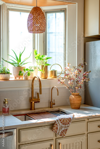Light and bright kitchen workstation sink with houseplants