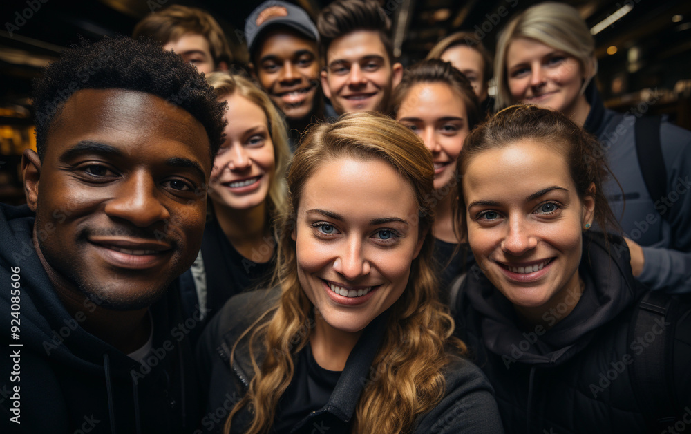 A group of people are smiling for a picture. Scene is happy and friendly A group of people are smiling for a picture. Scene is happy and friendly