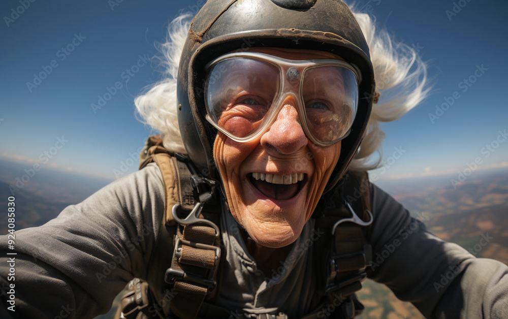 A man wearing a helmet and goggles is smiling as he jumps out of a plane. Concept of adventure and excitement, as the man is taking a daring leap into the sky A man wearing a helmet and goggles is smiling as he jumps out of a plane. Concept of adventure and excitement, as the man is taking a daring leap into the sky