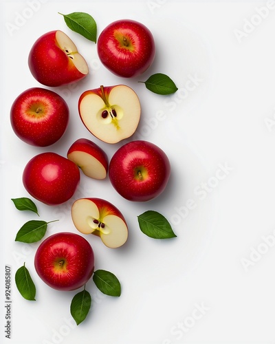 A high-resolution image featuring a collection of whole and sliced red apples, artfully arranged with green leaves on a clean white background. 