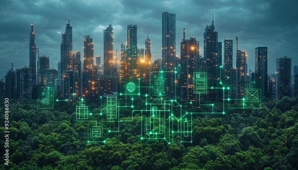 Obraz premium sustainable business practices supported by advanced ESG risk management solutions, Include elements such as green technology assessments