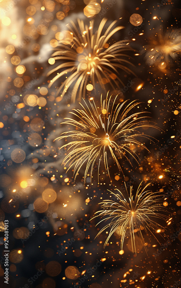 A firework display with three fireworks in the foreground and a few more in the background. The fireworks are lit up and create a warm, festive atmosphere A firework display with three fireworks in the foreground and a few more in the background. The fireworks are lit up and create a warm, festive atmosphere