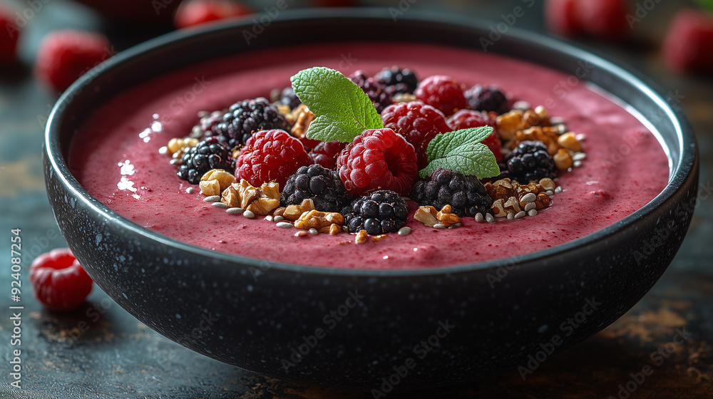 A vibrant and colorful smoothie yogurt bowl, topped with fresh berries like raspberries or blackberries and nuts A vibrant and colorful smoothie yogurt bowl, topped with fresh berries like raspberries or blackberries and nuts