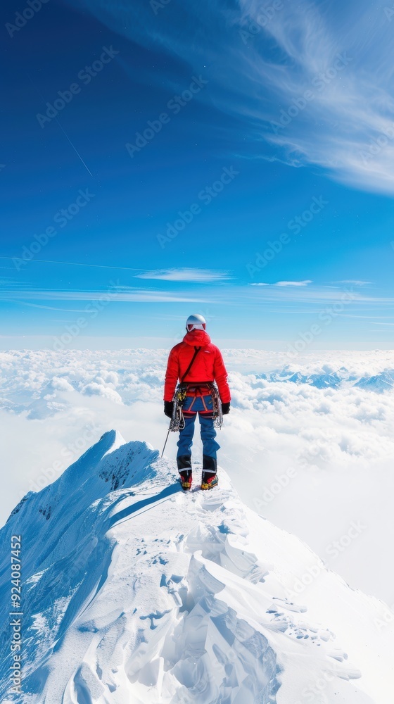 A climber in a red jacket stands triumphantly on a snow-covered peak, overlooking clouds, symbolizing adventure, achievement, and the spirit of exploration. A climber in a red jacket stands triumphantly on a snow-covered peak, overlooking clouds, symbolizing adventure, achievement, and the spirit of exploration.