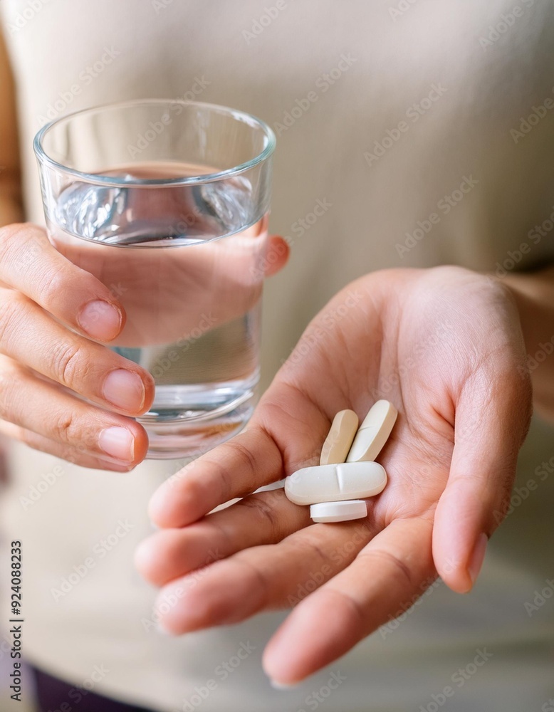 Healthcare Harmony: Close-Up Hands Holding Medication and Water Glass for Optimal Wellness, Pharmaceutical Treatment and mental health treatment Healthcare Harmony: Close-Up Hands Holding Medication and Water Glass for Optimal Wellness, Pharmaceutical Treatment and mental health treatment