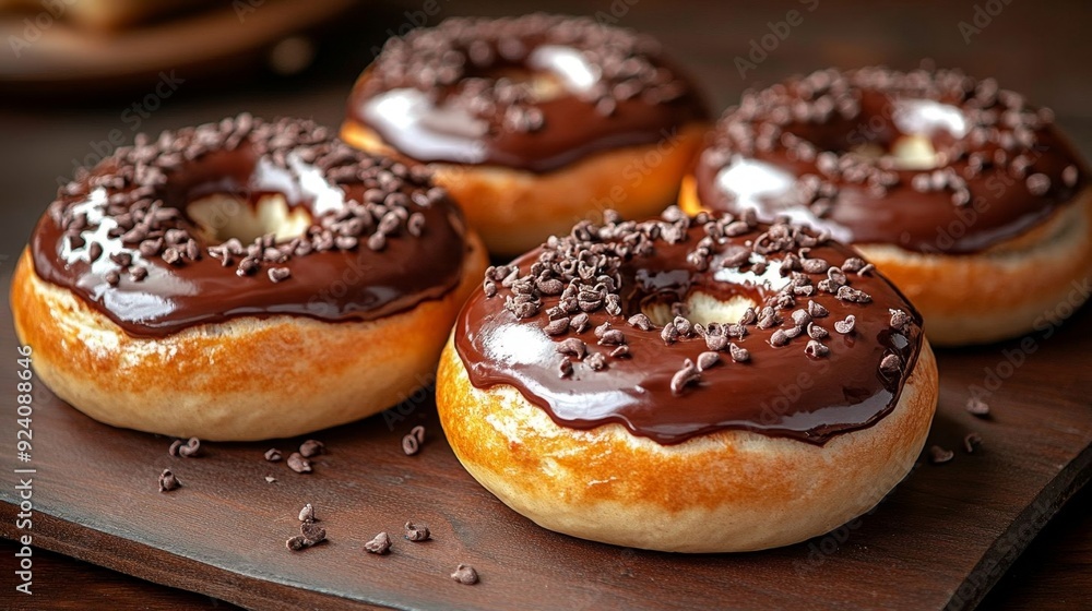 Four chocolate-glazed donuts with chocolate chips on a wooden board, creating a tempting dessert display. Four chocolate-glazed donuts with chocolate chips on a wooden board, creating a tempting dessert display.