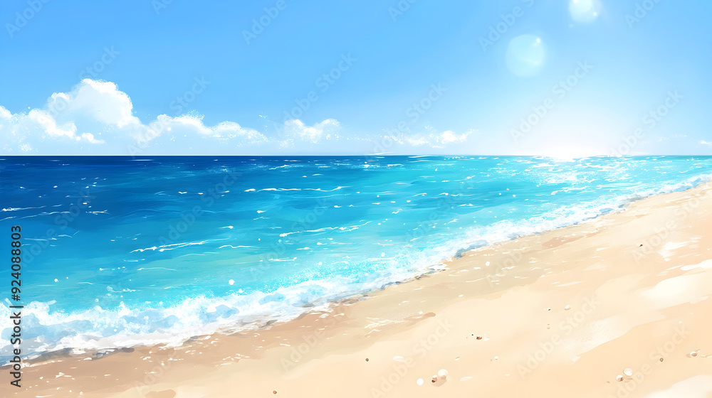 Fototapeta premium - An illustration of a bright, sunny beach with sparkling clear blue waters and soft sand, creating a perfect summer day scene