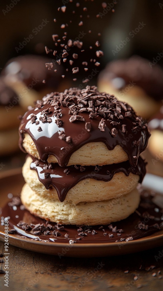 Layers of biscuit rolls drizzled with rich chocolate and topped with chocolate flakes, creating an indulgent dessert. Layers of biscuit rolls drizzled with rich chocolate and topped with chocolate flakes, creating an indulgent dessert.