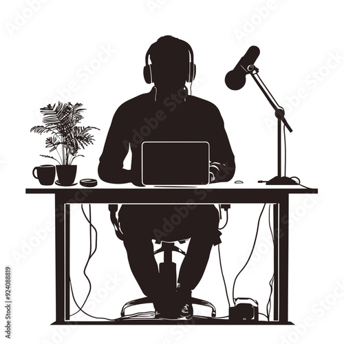 vector silhouette of a blogger hosting a podcast on a white background . Generative AI