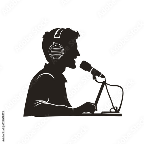 vector silhouette of a blogger hosting a podcast on a white background . Generative AI