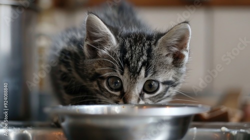 Young feline dining from kitchen dish photo