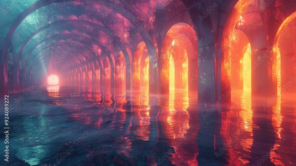 Reflective Light Arches: Arches of light with reflective surfaces, creating pathways in a mystical setting. Reflective Light Arches: Arches of light with reflective surfaces, creating pathways in a mystical setting.