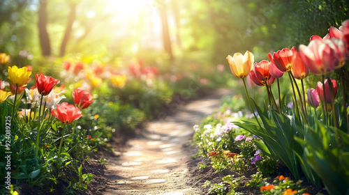 Sunny Pathway Through a Flower Garden - A visual of a pathway winding through a flower garden, where bright sunlight highlights the colorful blooms and green leaves