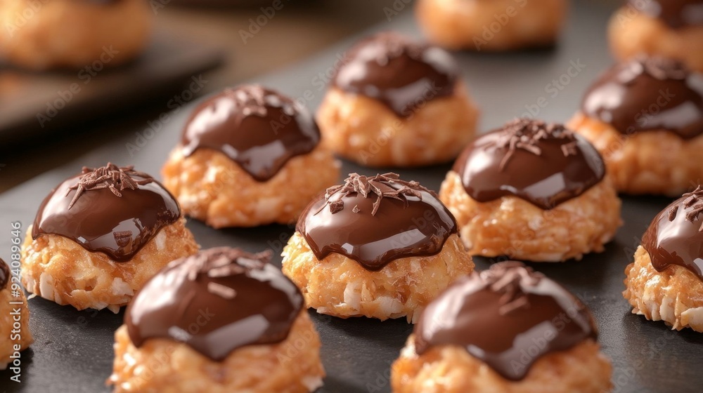 Delicious coconut macaroons topped with rich chocolate, elegantly plated for a gourmet treat. Delicious coconut macaroons topped with rich chocolate, elegantly plated for a gourmet treat.