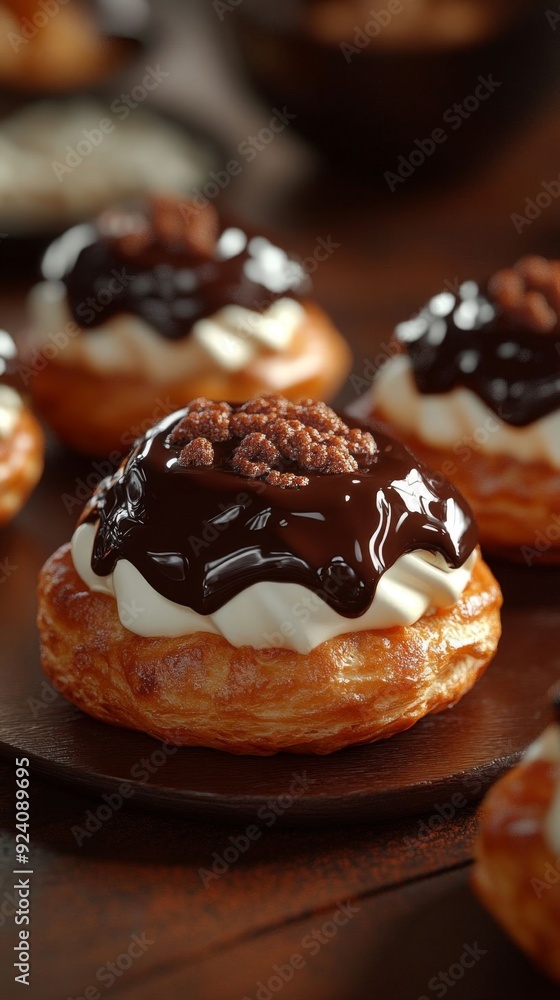 Delicious chocolate cream puffs topped with whipped cream and a sprinkle of crumbs, displayed on a wooden plate. Delicious chocolate cream puffs topped with whipped cream and a sprinkle of crumbs, displayed on a wooden plate.