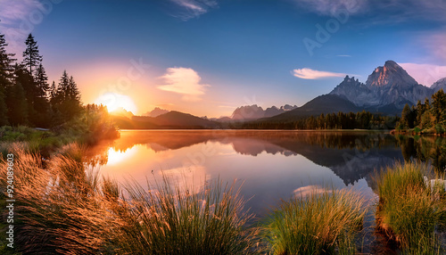  Sunrise Over the Lake and Mountains- A serene image of a sunrise over a tranquil lake, with_1(668)