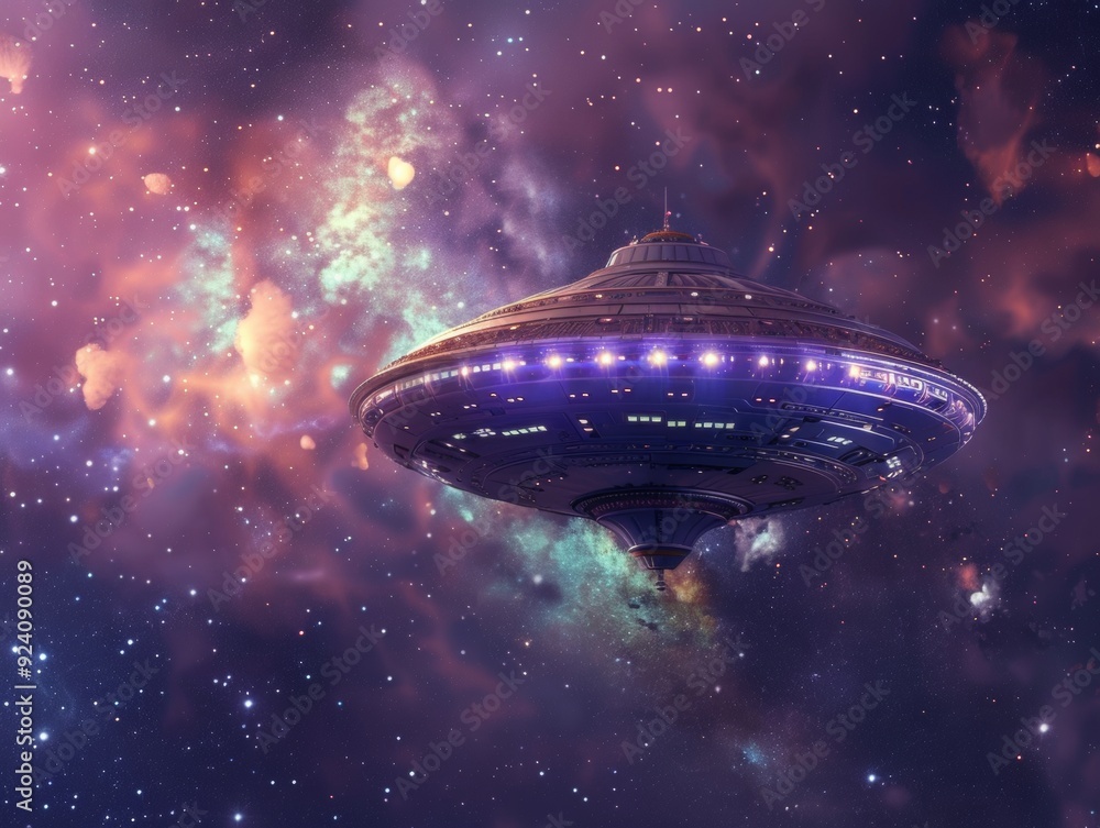 A futuristic UFO hovers in a vibrant nebula, surrounded by stars and cosmic clouds, evoking a sense of mystery and exploration A futuristic UFO hovers in a vibrant nebula, surrounded by stars and cosmic clouds, evoking a sense of mystery and exploration