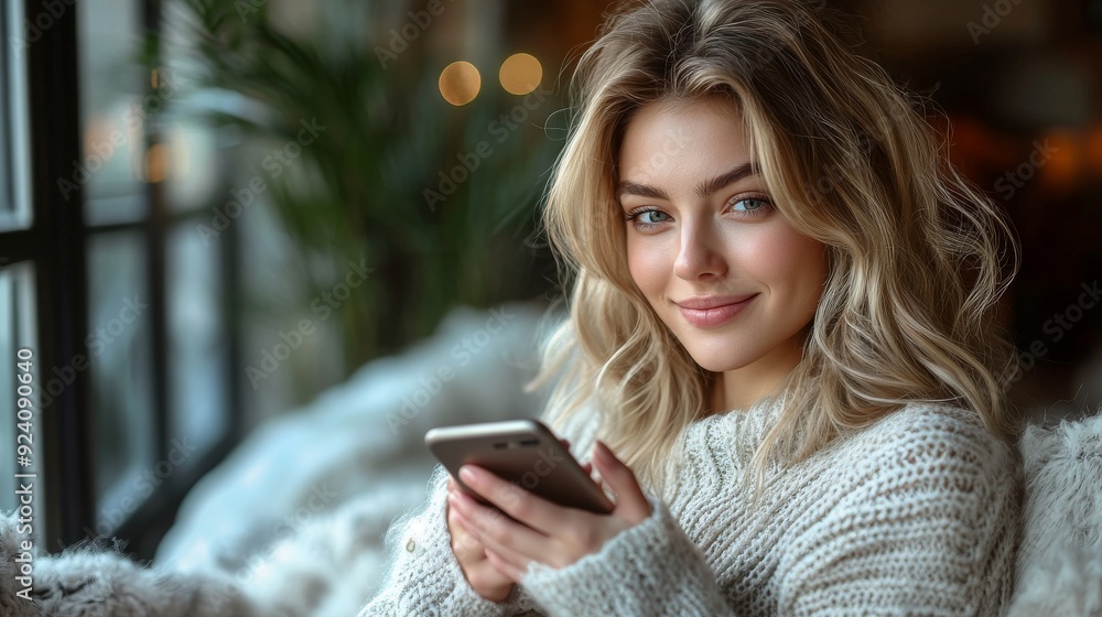Blonde woman smiling while holding a phone near a window with a cozy indoor background Blonde woman smiling while holding a phone near a window with a cozy indoor background