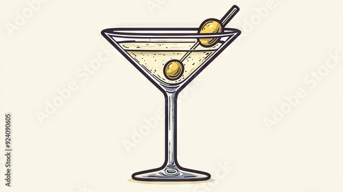   A Martini glass with an olive and lemon garnish is depicted in this illustration photo