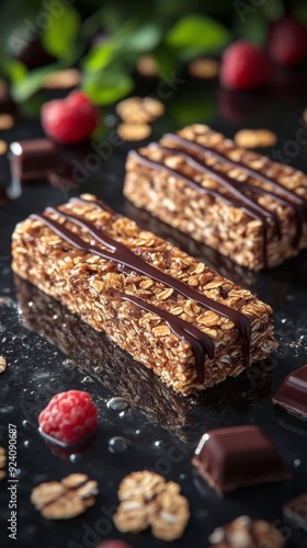 Two granola bars coated with chocolate, garnished with raspberries and pieces of chocolate on a reflective surface.