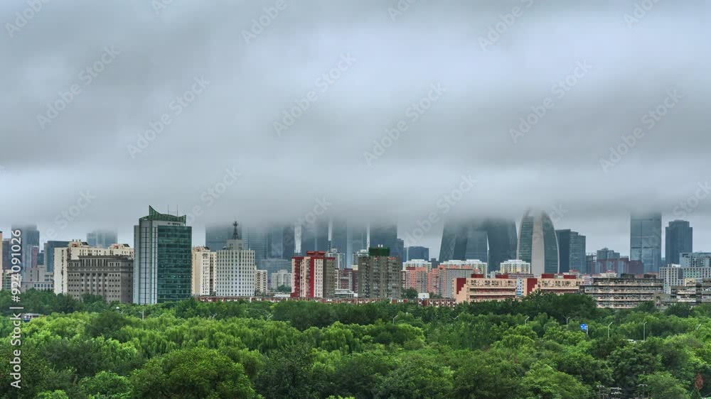 China Beijing city high-rise buildings through the rainy sea of clouds China Beijing city high-rise buildings through the rainy sea of clouds