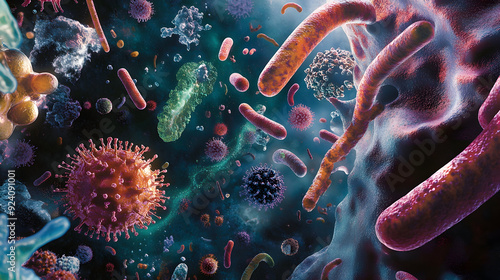 The World of Microorganisms: Hidden Lifeforms - A magnified view of microorganisms, showcasing bacteria, viruses, and cells in a vibrant and detailed microenvironment