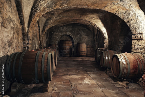 Wooden wine barrels in a wine cellar