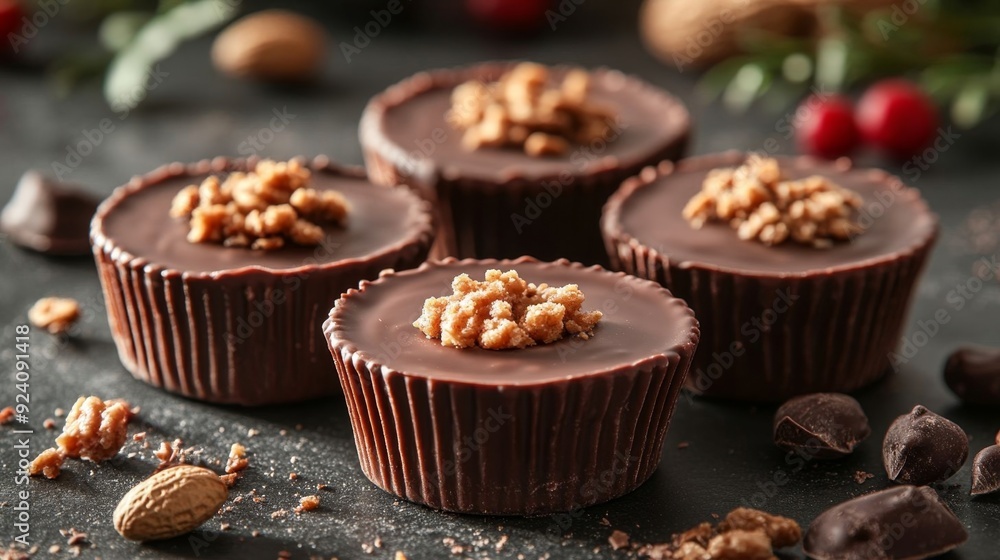 Four decadent chocolate peanut butter cups topped with a crunchy nut layer, set on a dark surface. Four decadent chocolate peanut butter cups topped with a crunchy nut layer, set on a dark surface.