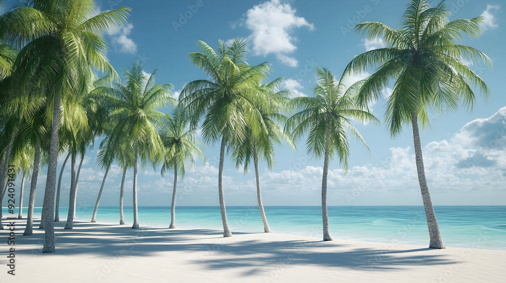 Obraz premium Tropical Beach with Swaying Palm Trees - A visual of a tropical beach lined with tall palm trees gently swaying in the breeze, 