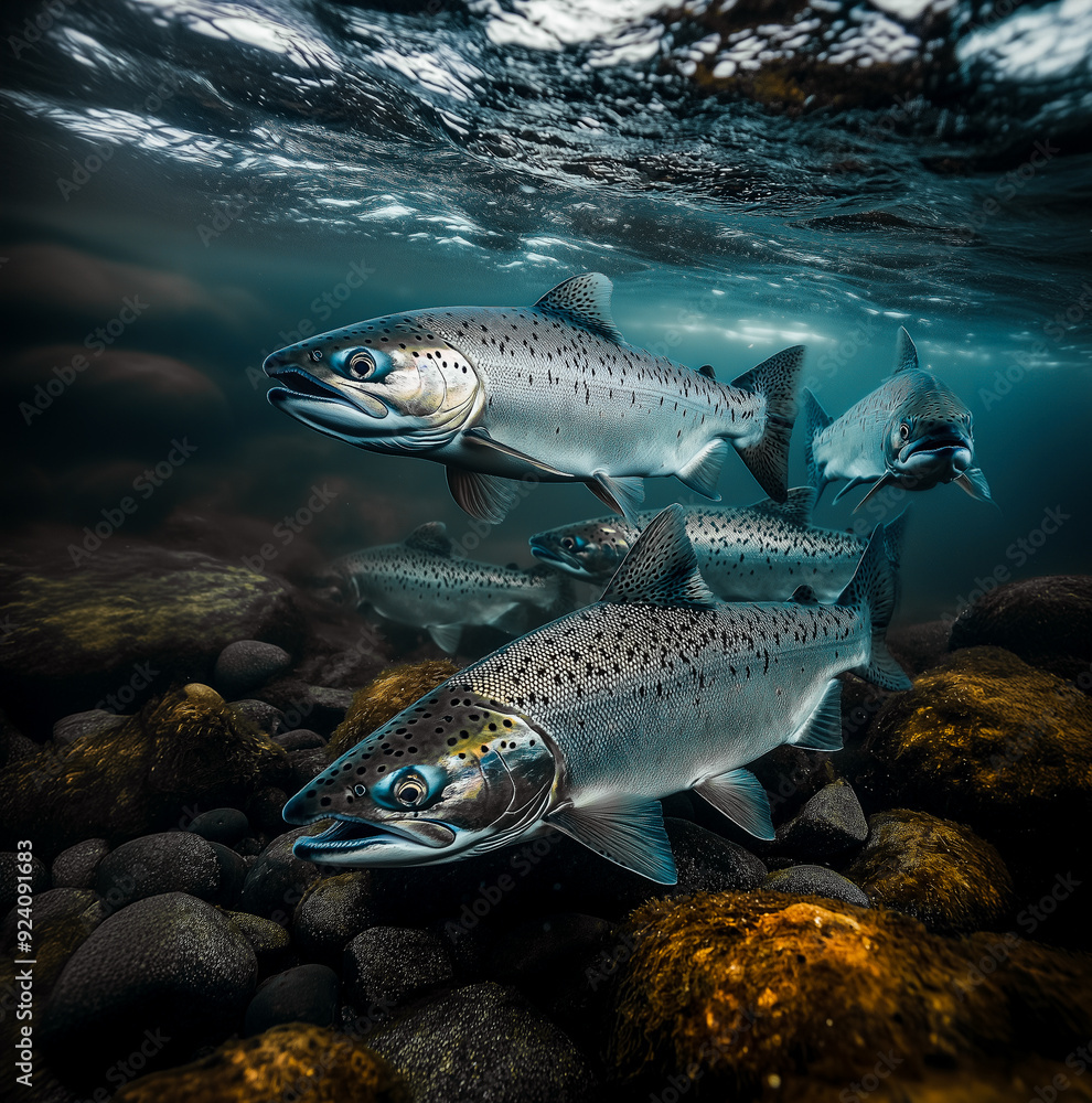Silver salmon swimming on rocky sea bottom Silver salmon swimming on rocky sea bottom
